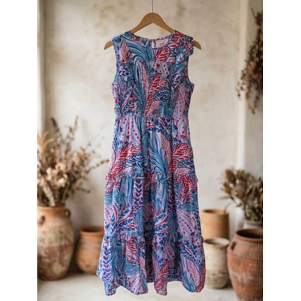 Banjanan Cotton Dress M Sleeveless Floral Blue Pink Boho Sundress Tiered